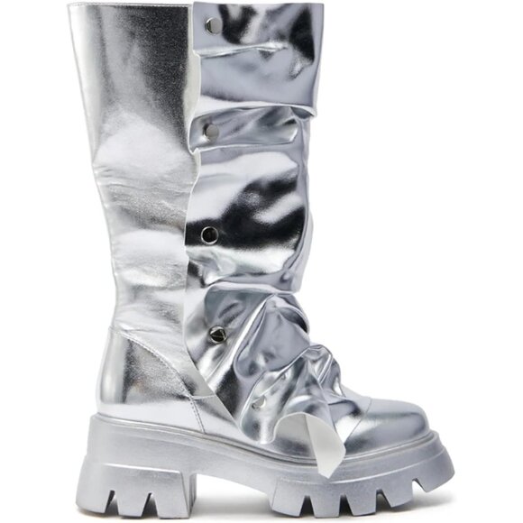 Women's Synthetic Silver Shin Metallic Chunky Sole Unique Wrinkled Long Boots - Picture 1 of 6